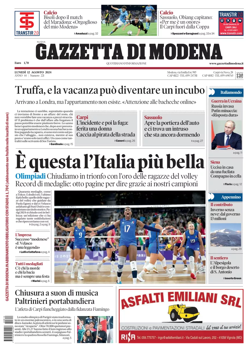 Prima-pagina-gazzetta di modena-oggi-edizione-del-2024-08-12